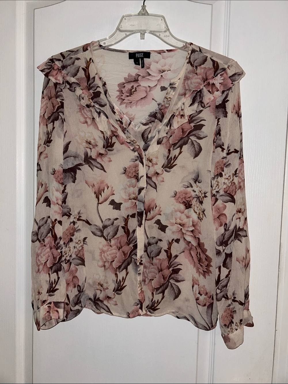 PAIGE Cream Blush Floral‎ V-Neck Button-Front Blouse, 20 PTP, 100% Silk